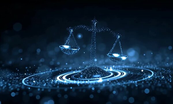 An artistic representation of justice, showcasing a balance scale within a glowing blue setting