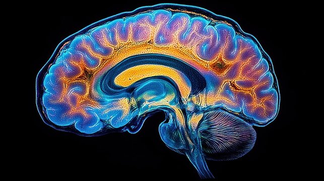 Color-enhanced sagittal MRI scan of a human brain showing detailed structures and neural pathways in vibrant blue, orange, and purple hues against black background