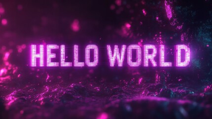 Bright neon pink digital text displaying the words 'HELLO WORLD' glowing against a dark, textured background with scattered light particles