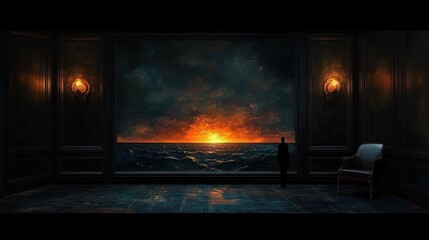 Fototapeta premium Person standing inside a dark room with vintage wall lamps, looking out through a large window at a fiery sunset over a turbulent ocean