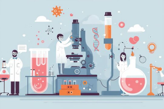 Scientists hard at work in a lab, with various equipment and illustrations of scientific concepts