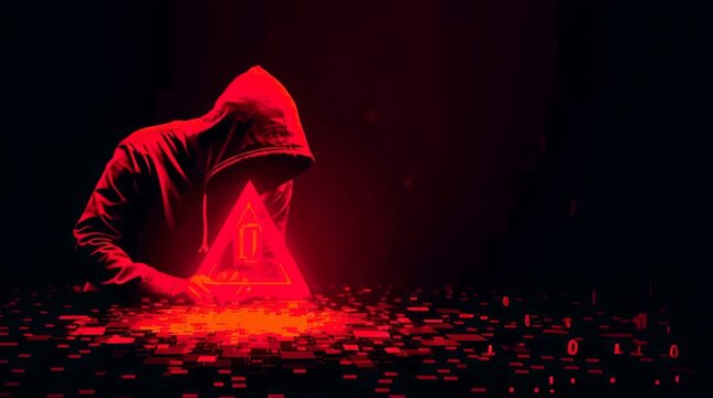 A hooded figure shrouded in mystery within a shadowy scene, red digital glow and cyber elements