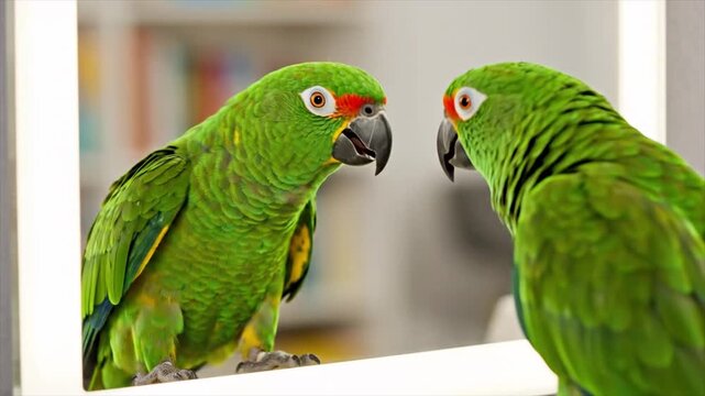 Green Parrot Looks at Its Reflection in a Mirror.