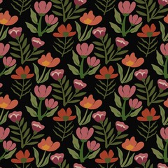 Seamless Hand-Drawn Floral Pattern with Whimsical Flowers and Leaves