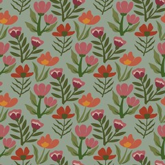 Seamless Hand-Drawn Floral Pattern with Whimsical Flowers and Leaves