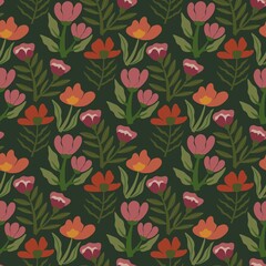 Seamless Hand-Drawn Floral Pattern with Whimsical Flowers and Leaves