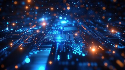 Fototapeta premium Close-up of glowing blue and orange circuit board with illuminated pathways in a digital technology environment