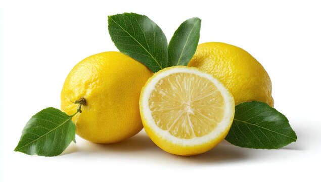 Three yellow lemons with green leaves on a white background