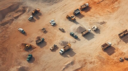 Numerous heavy machinery vehicles operate across a vast expanse of disturbed earth viewed from directly above.