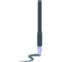 Isometric dark gray fountain pen with light blue nib drawing a curved gray line on a transparent background