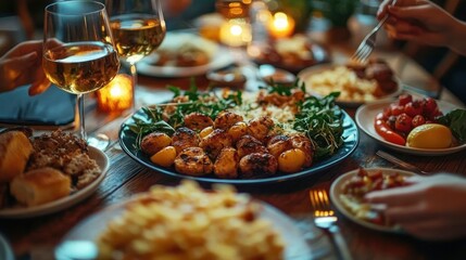 Dinner table setting with plates of grilled meatballs and roasted vegetables surrounded by glasses of white wine and lit candles creating a warm, cozy atmosphere