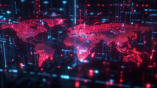 Futuristic digital world map with glowing red data points and holographic lines in a dark technological environment, evoking a sense of advanced global connectivity