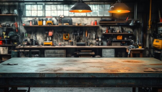 Empty rusted metal workbench under warm industrial hanging lights with blurred workshop tools and shelves in the background