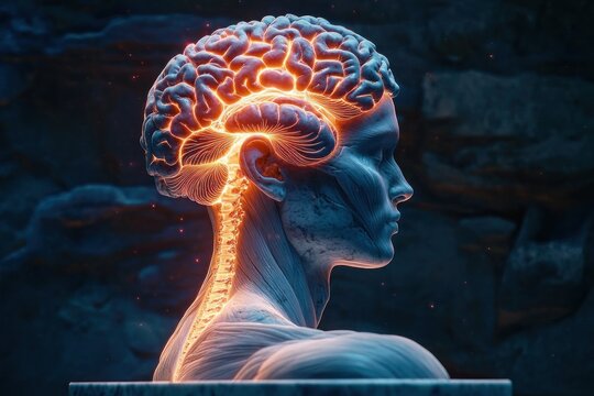 Side view of human muscular figure with glowing illuminated brain and spinal cord showing neural pathways against dark background