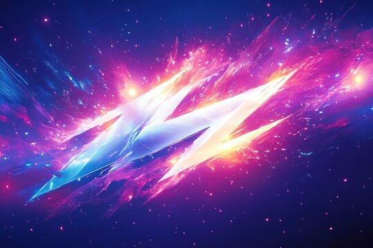 Bright glowing lightning bolt energy streak with vibrant purple, pink, and blue cosmic light effects on dark background conveying dynamic power and intensity