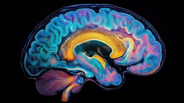 Colorful stylized illustration of a human brain cross-section showing detailed brain structures in vibrant blue, pink, orange, and purple hues against a black background
