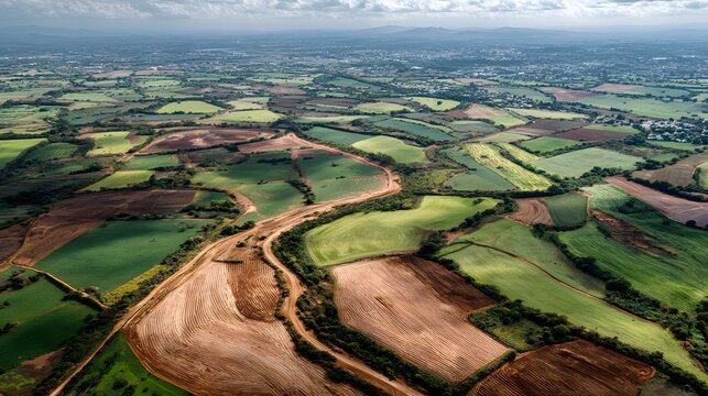 Aerial perspective reveals varied agricultural landscape with winding earth path and distant settlement