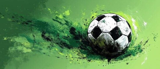 Abstract close-up of a worn black and white soccer ball with dynamic green paint splashes on a green background conveying motion and energy