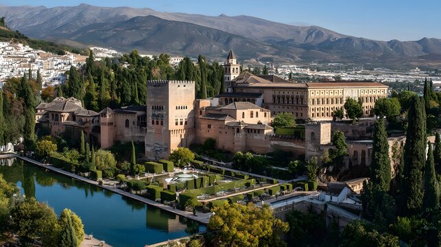 Historic palace complex featuring fortifications, formal gardens, and reflecting pool sits nestled against distant mountains under a clear sky - Powered by Adobe