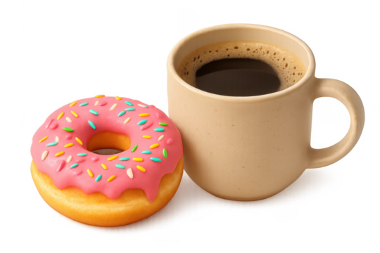 Pink sprinkle donut and coffee mug on transparent background - Powered by Adobe