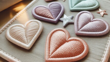 Pastel Heart Embellishments on Gray Fabric for Valentines Day Crafts