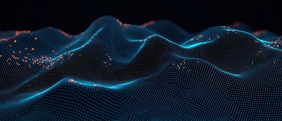 Abstract digital wave landscape formed by glowing blue and orange dots on a black background, evoking futuristic and high-tech vibes
