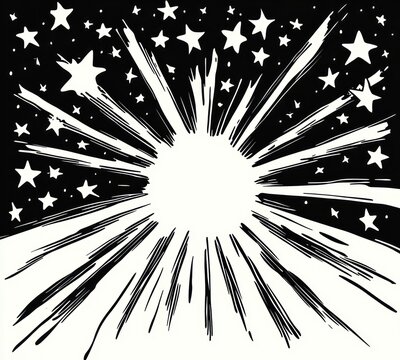 Black and white abstract starburst with radiating rays and scattered stars creating a dynamic celestial pattern