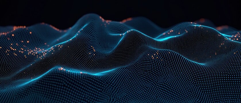 Abstract digital wave landscape formed by glowing blue and orange dots on a black background, evoking futuristic and high-tech vibes