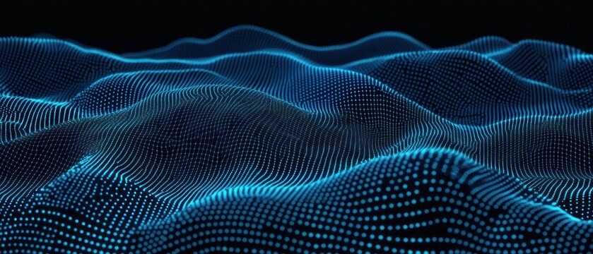 Blue glowing digital wave grid pattern forming smooth flowing hills on black background representing data or technology landscape - Powered by Adobe