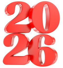 Red 2026 Glossy 3D Numbers Isolated on a White Background Symbolizing the New Year and Future Goals