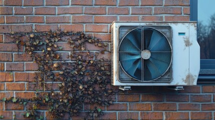 Old rusted outdoor air conditioning unit mounted on a red brick wall with dried vine leaves clinging to the wall nearby, showing signs of weathering and neglect
