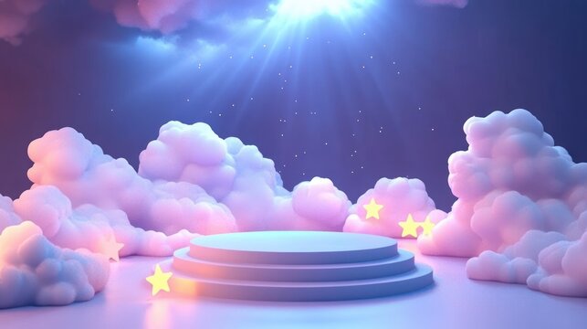 Soft pastel colored cloud-like formations surrounding a circular podium illuminated by dreamy blue light and scattered glowing star shapes, evoking a magical and serene atmosphere