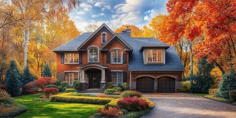 Elegant two-story brick house with blue roof surrounded by vibrant autumn trees and well-maintained colorful garden under a partly cloudy sky
