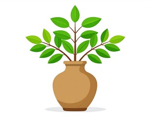 A cartoon illustration of a plant with green leaves in a brown vase