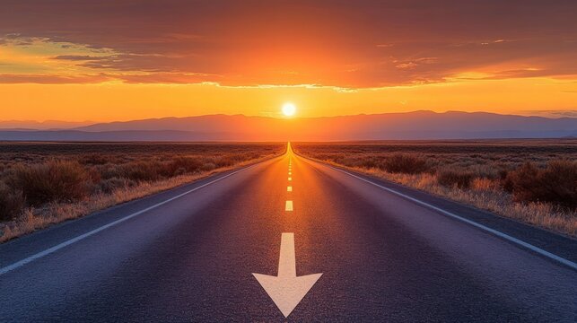 Empty highway stretches straight into the horizon with a glowing sunset and vibrant orange sky above barren fields and distant mountains