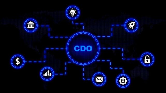 CDO Chief Digital Officer Concept with Global Network and Business Icons Keywords: CDO, Chief Digital Officer, business concept, global network, world map, strategy, innovation