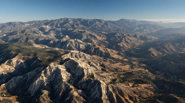 Expansive aerial perspective captures rugged, arid mountain ranges under a clear blue sky - Powered by Adobe