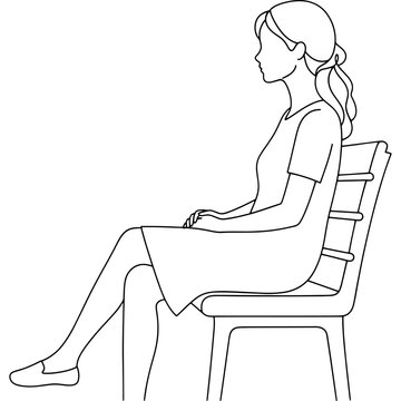 Profile view of a woman sitting on a chair. Minimal black and white line art design. Clean vector illustration. Symbolic image of a woman being attentive or patient. Isolated on white background.