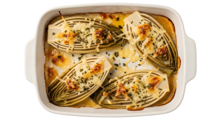 Delicious baked endive with melted cheese and herbs in a white ceramic dish