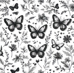 Obraz premium Detailed black and white illustration of various butterflies and delicate wildflowers arranged in a harmonious pattern
