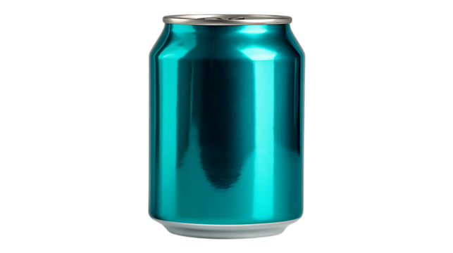 Isolated on transparent background a vibrant turquoise aluminum can stands upright