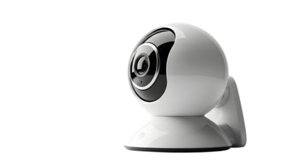 Modern white security camera with rotating lens isolated on a black background