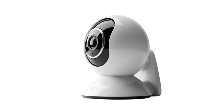 Modern white security camera with rotating lens isolated on a black background