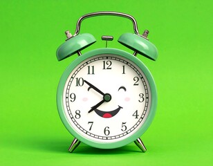A cheerful green alarm clock with a smiling face, set against a vivid backdrop
