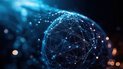 Abstract glowing globe with interconnected blue and white nodes and lines, representing a complex network or digital connections on a dark blurred background
