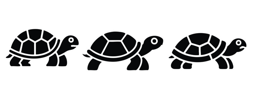 Three Tortoise Icons, Set of Turtle Glyphs, Black Silhouettes of Tortoises in a Row, Slow Speed Vector Icons, vector, silhouette.