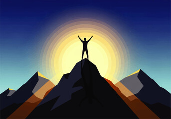 Silhouette of a person standing atop a mountain peak with arms raised against a bright, radiant sunrise.
