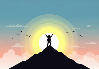 Silhouette of a hiker with arms raised in victory on a mountain peak against a bright sunrise.