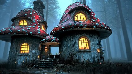 Whimsical mushroom house glows warmly in foggy enchanted forest for magical fairytale cozy fantasy atmosphere concept - Powered by Adobe