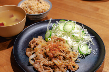 Homemade Japanese dinner with pork stir fry

